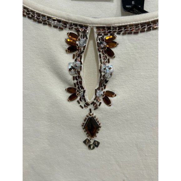 Bay Studio Womens Beaded Embellished Top Small Ivory 3/4 Sleeve 100% Cotton - Picture 4 of 10